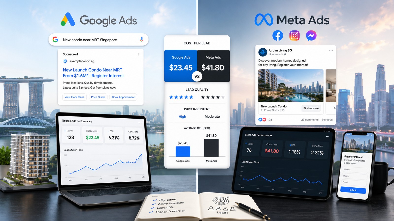 Google Ads dashboard on a monitor overlooking a Singapore skyline